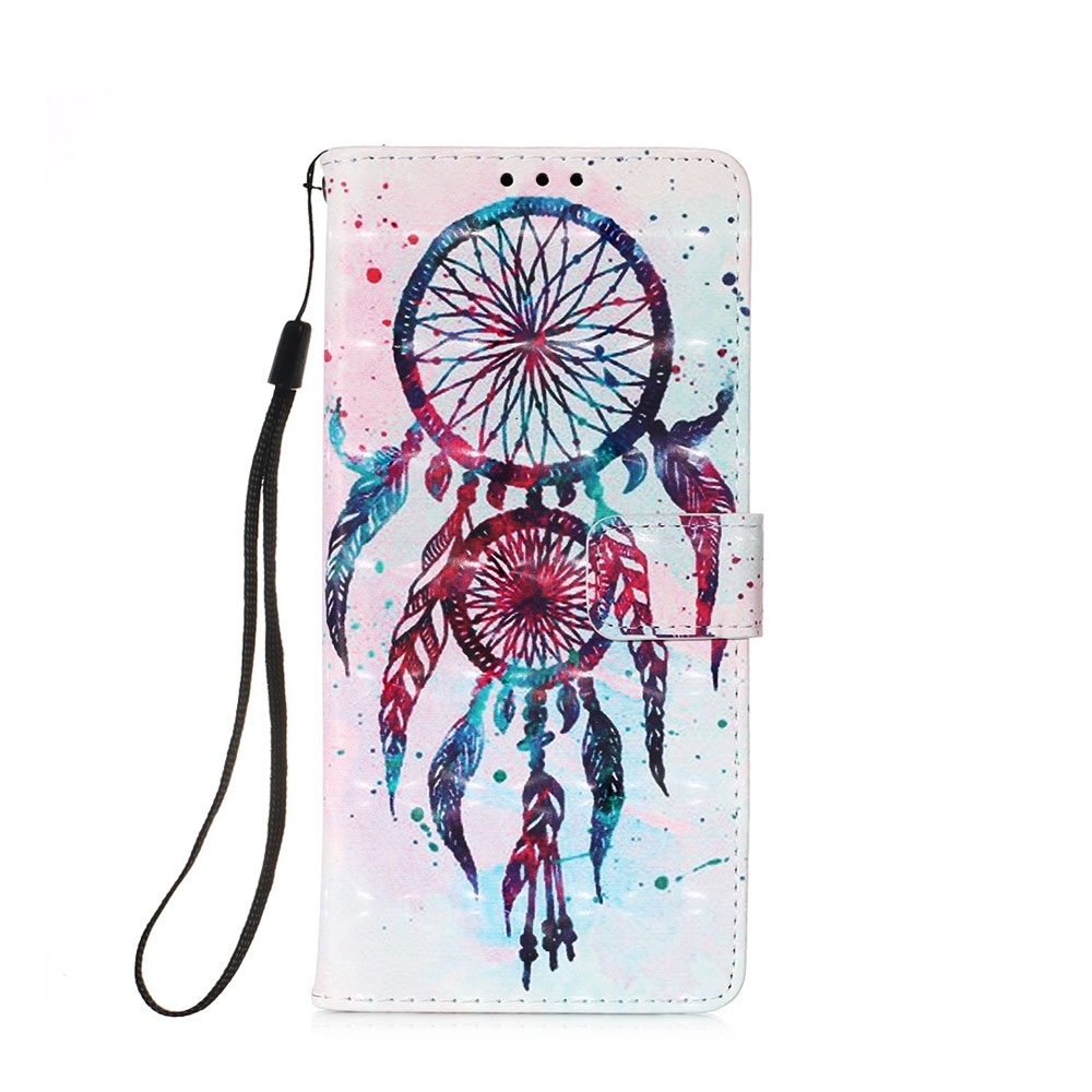 iPhone 12 Pro Max Leder Tasche Portemonnaie Traumfänger mit Federn - Rosa / Blau