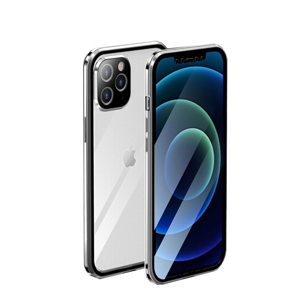 Image of iPhone 12 Pro Max Magnetische Alu Schutzhülle mit Panzer Glas Backcover + Display- / Kameraschutz (Magnet-Technologie) - Silber bei Apfelkiste.ch