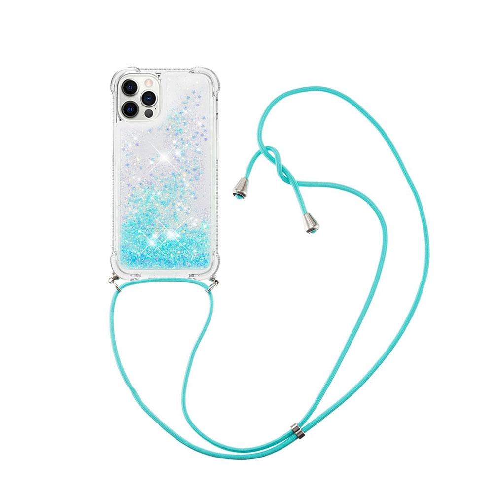 Image of iPhone 12 Pro Max Necklace Gummi Hülle Liquid Glitzer + Handykette (130cm) - Türkis bei Apfelkiste.ch
