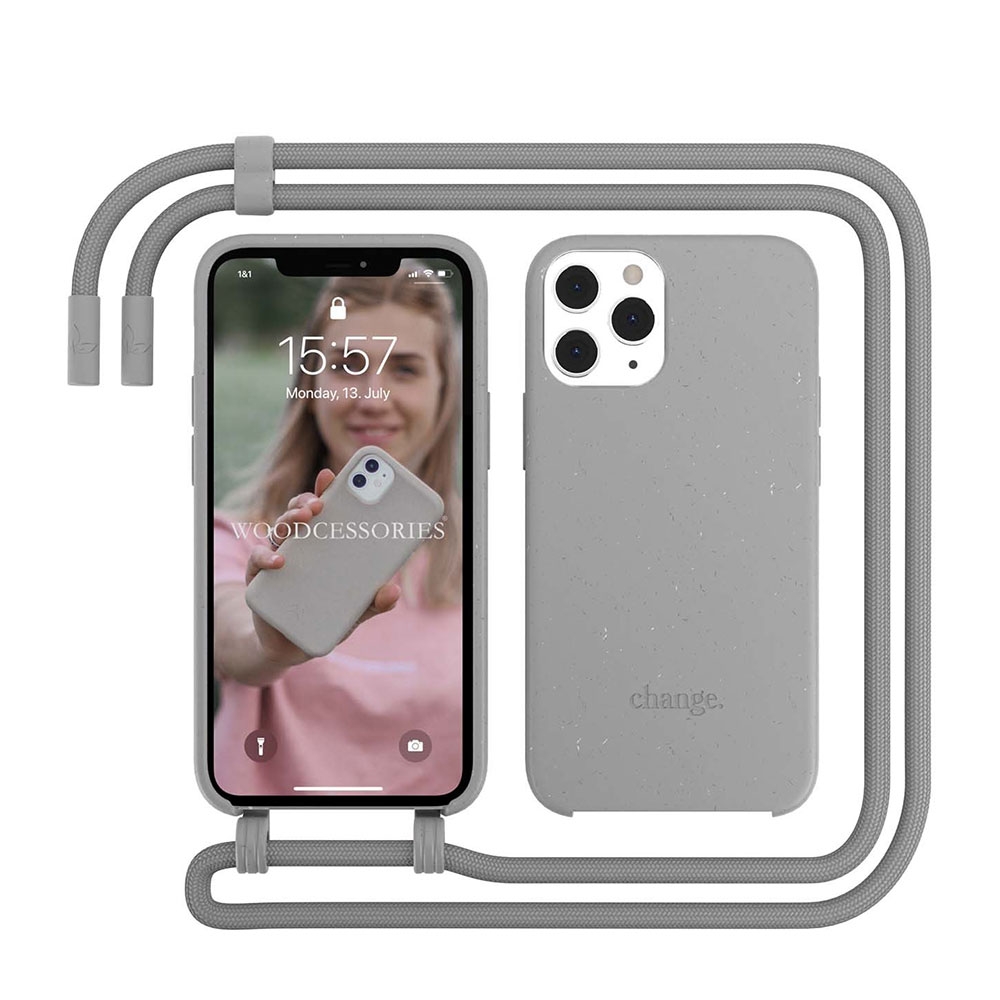 Image of Woodcessories - iPhone 12 Pro Max Change Necklace BioCase Antimikrobielle Schutzhülle Vegan Biologisch Abbaubar + Handykette (CHA033) - Cool Grey bei Apfelkiste.ch