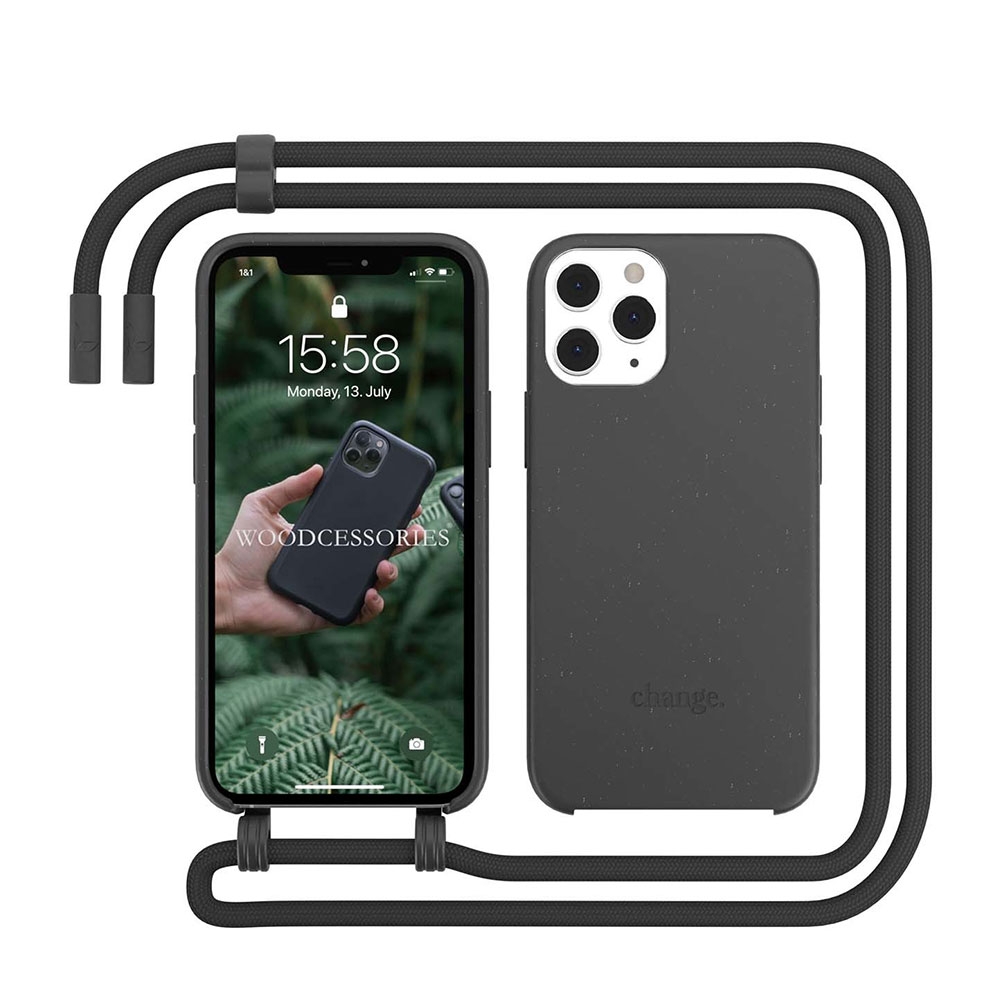 Image of Woodcessories - iPhone 12 Pro Max Change Necklace BioCase Antimikrobielle Schutzhülle Vegan Biologisch Abbaubar + Handykette (CHA032) - Schwarz bei Apfelkiste.ch