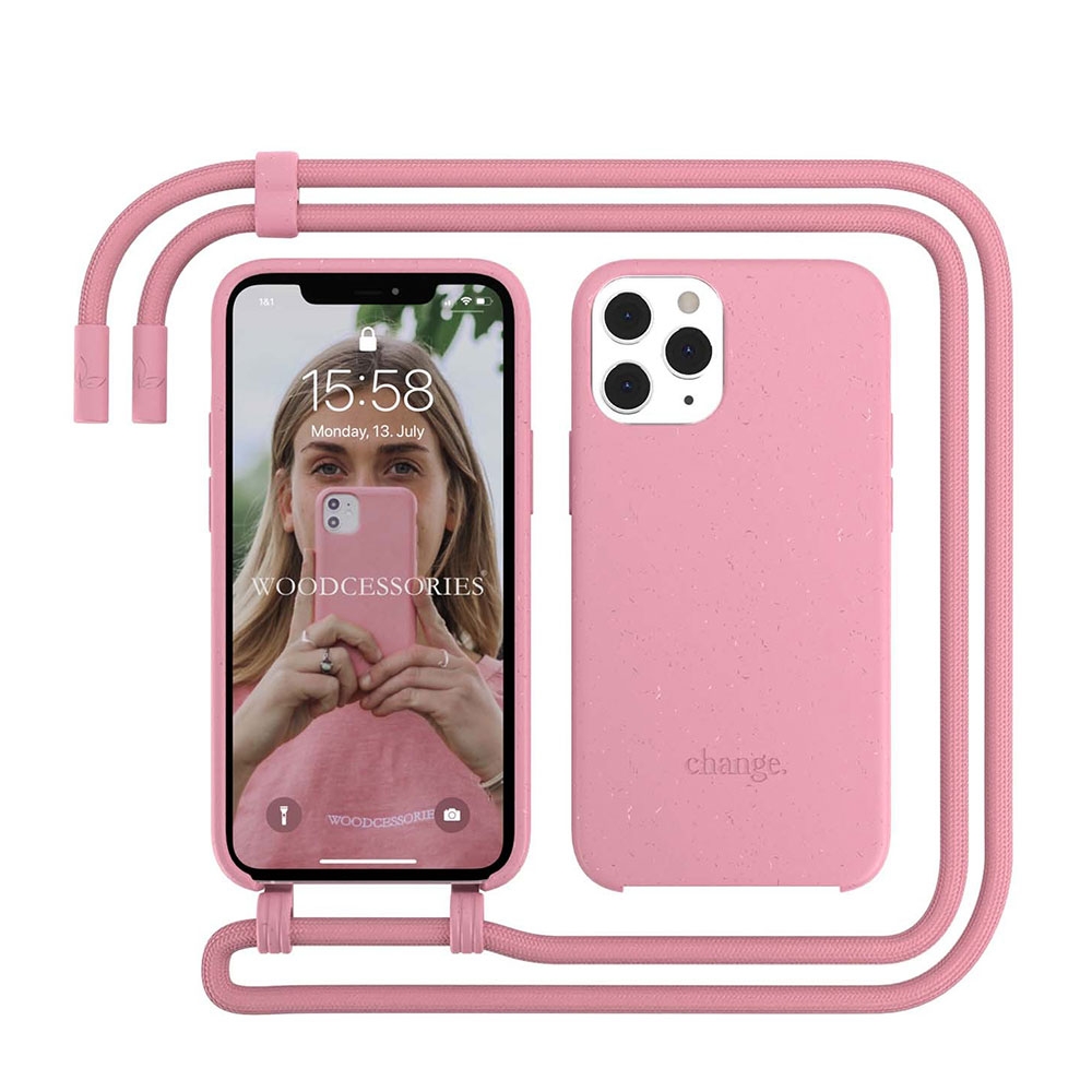 Image of Woodcessories - iPhone 12 / iPhone 12 Pro Change Necklace BioCase Antimikrobielle Hülle Vegan Biologisch Abbaubar + Handykette (CHA030) - Coral Pink bei Apfelkiste.ch