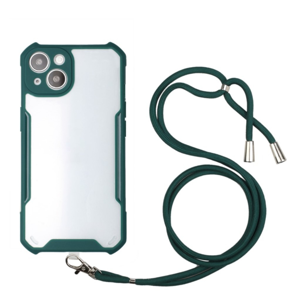 Image of iPhone 13 Hybrid Hülle TPU Bumper Acryl Rückseite + Necklace Handykette (150cm) - Transparent / Dunkelgrün bei Apfelkiste.ch