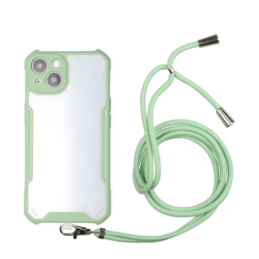 Image of iPhone 13 Hybrid Hülle TPU Bumper Acryl Rückseite + Necklace Handykette (150cm) - Transparent / Grün bei Apfelkiste.ch