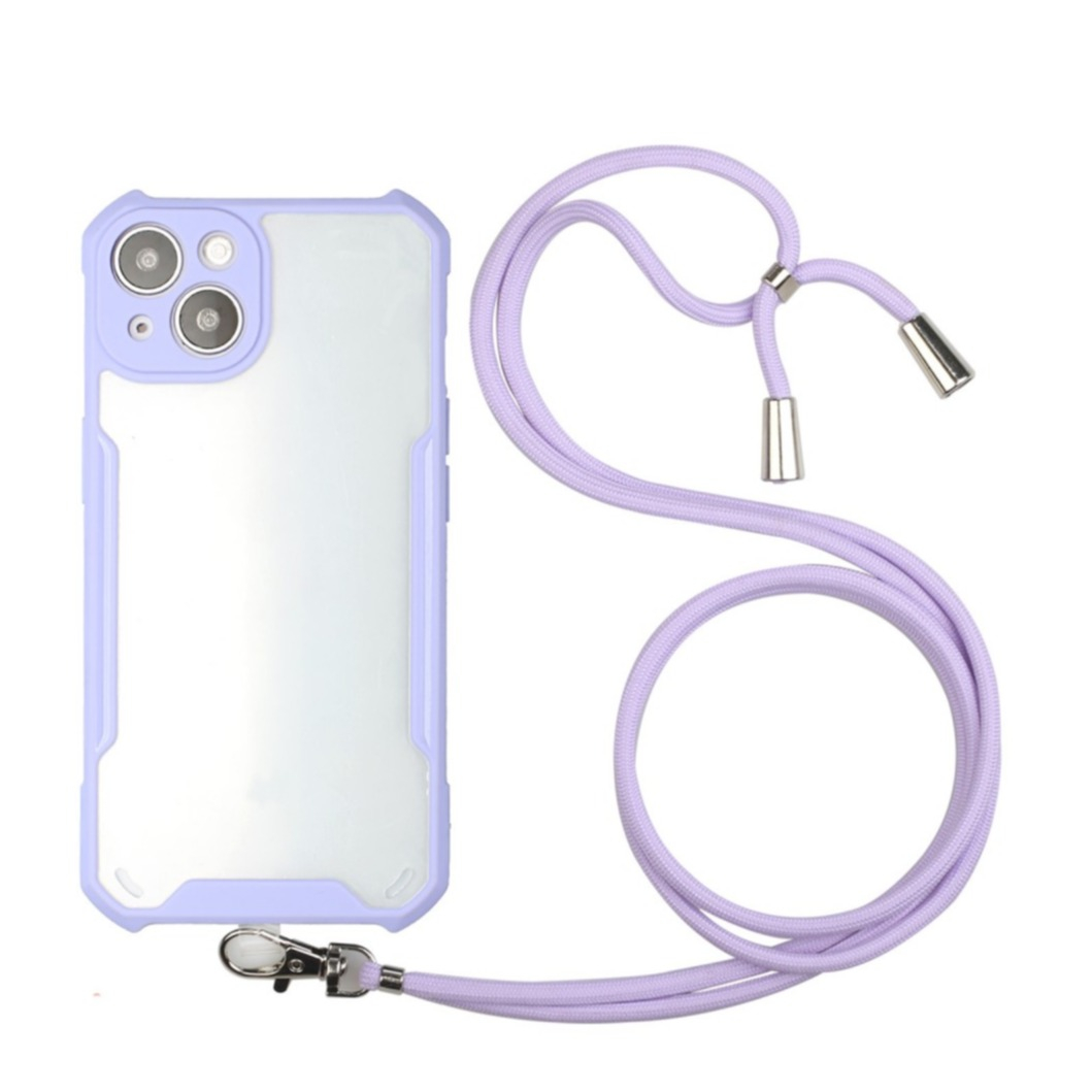 Image of iPhone 13 Hybrid Hülle TPU Bumper Acryl Rückseite + Necklace Handykette (150cm) - Transparent / Lila bei Apfelkiste.ch