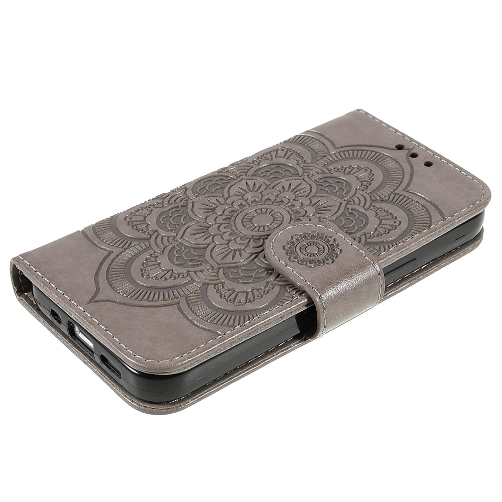 iPhone 13 Leder Tasche Wallet Mandala Flowers Grau