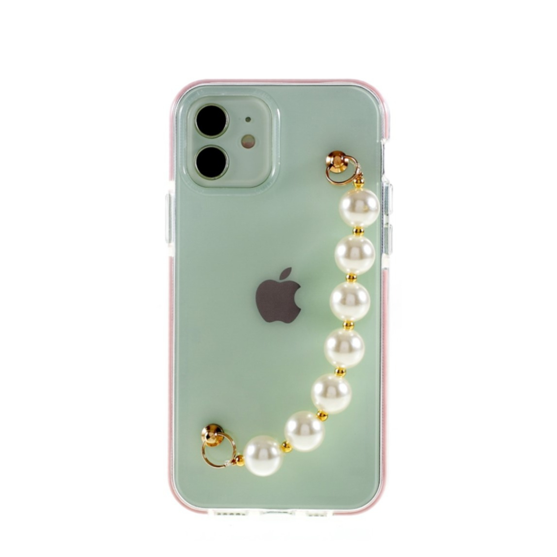 Image of iPhone 13 Hybrid Bumper Gummi Hülle mit Perlenkette Handschlaufe - Transparent / Rosa bei Apfelkiste.ch
