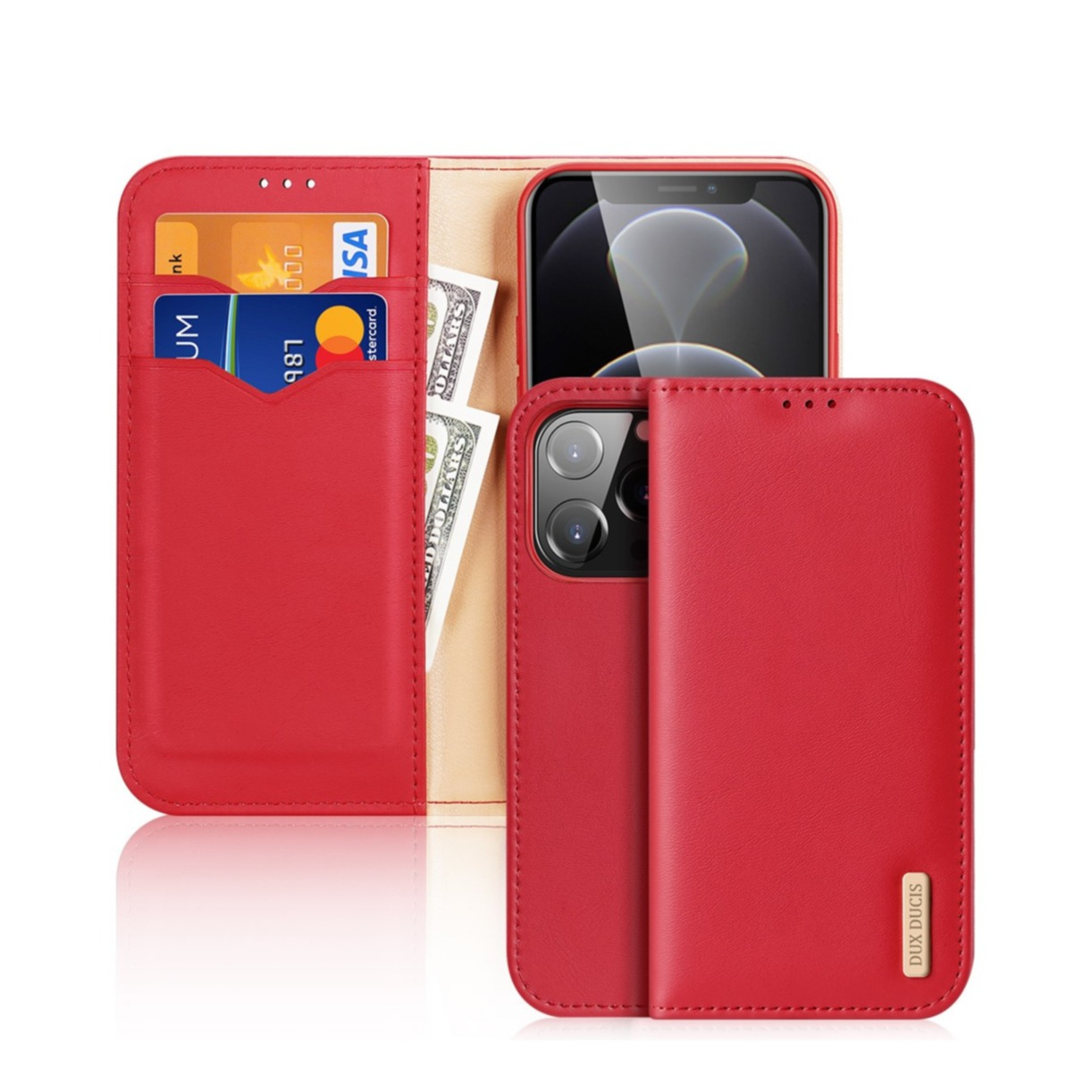 Image of Dux Ducis - iPhone 13 Pro Flip Wallet Cover Echtleder Tasche (RFID Schutz) - Rot bei Apfelkiste.ch