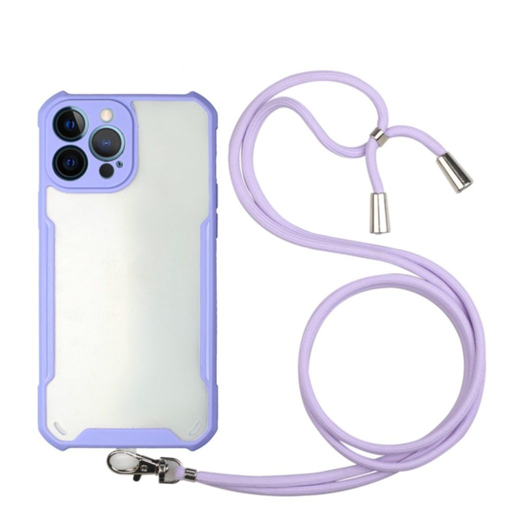 Image of iPhone 13 Pro Max Hybrid Hülle TPU Bumper Acryl Rückseite + Necklace Handykette (150cm) - Transparent / Lila bei Apfelkiste.ch