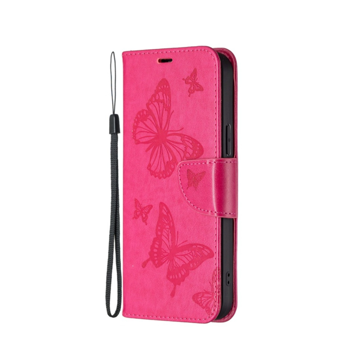 Image of iPhone 13 Pro Max Leder Tasche mit Kartenfach + Handschlaufe Schmetterling - Rot bei Apfelkiste.ch