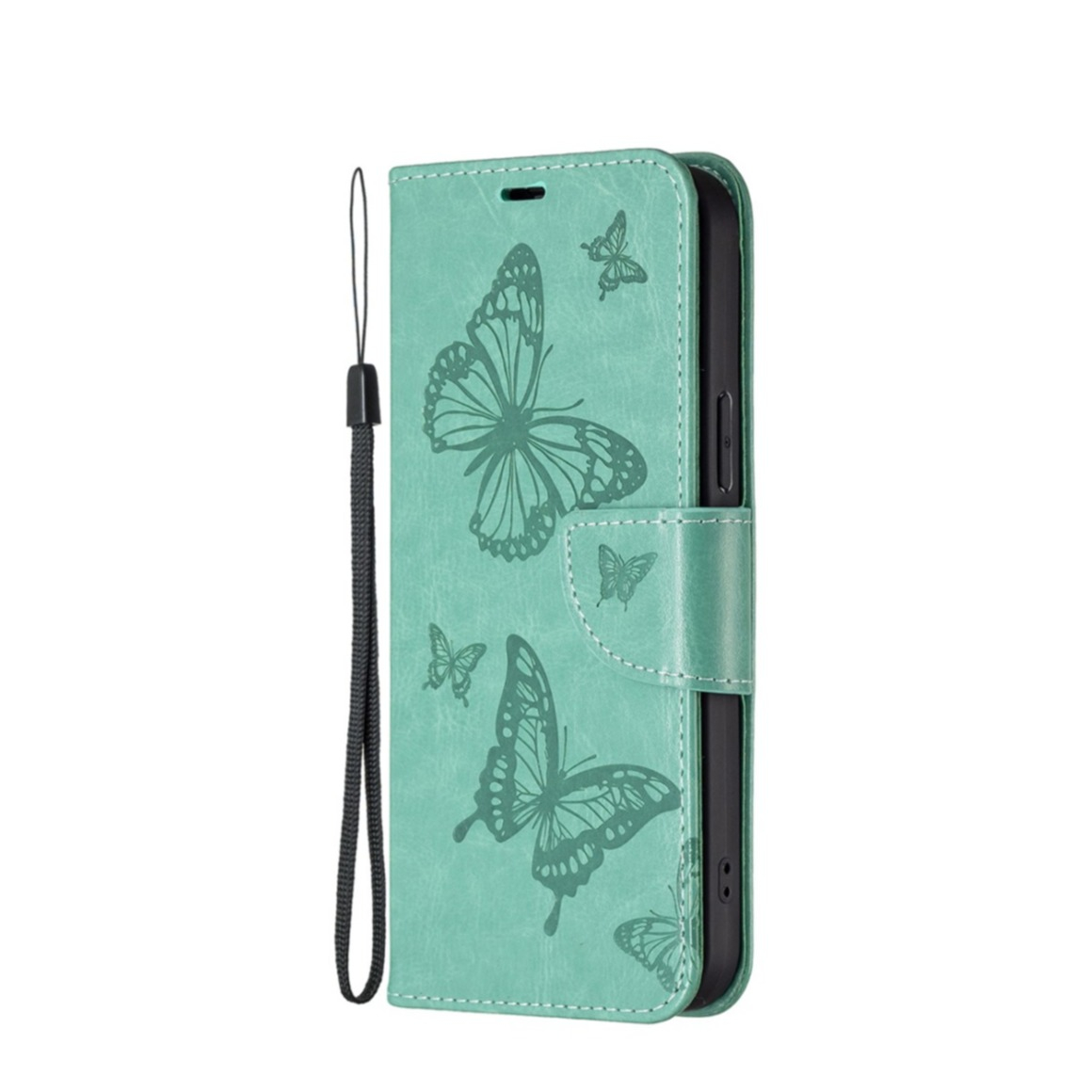 Image of iPhone 13 Pro Max Leder Tasche mit Kartenfach + Handschlaufe Schmetterling - Türkis bei Apfelkiste.ch