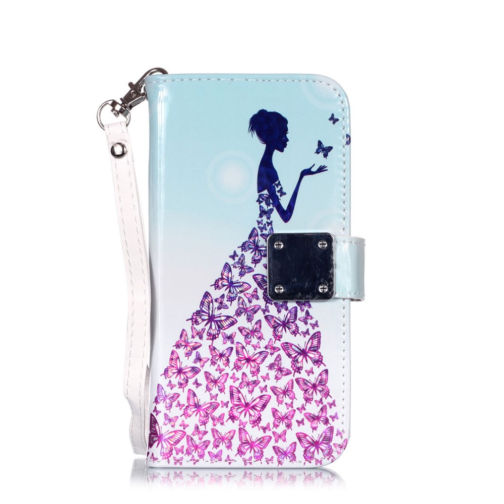 iPhone 6 Plus / 6S Plus Leder Tasche Portemonnaie Schmetterlinge - Rosa / Blau