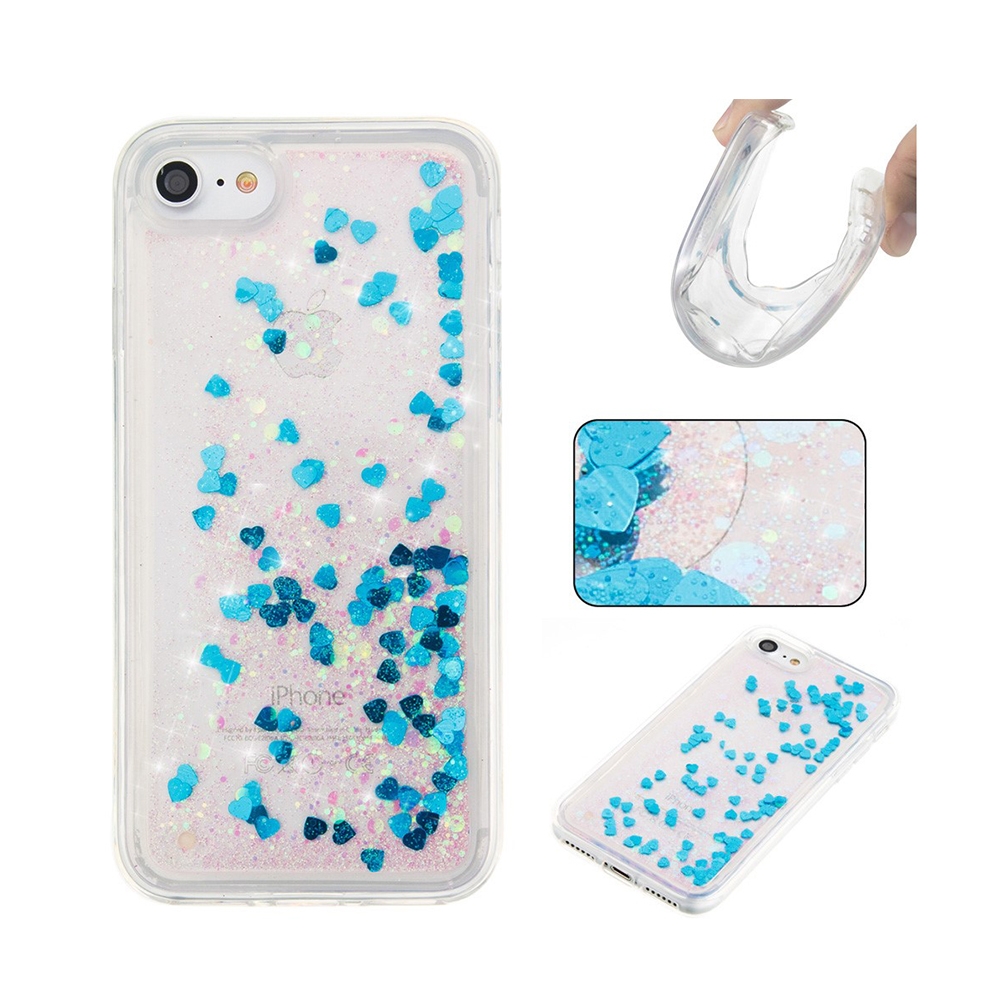 Image of iPhone SE (2022/2020) / 8 / 7 Gummi Hülle Liquid Case Glitzer Herzen - Transparent / Blau bei Apfelkiste.ch