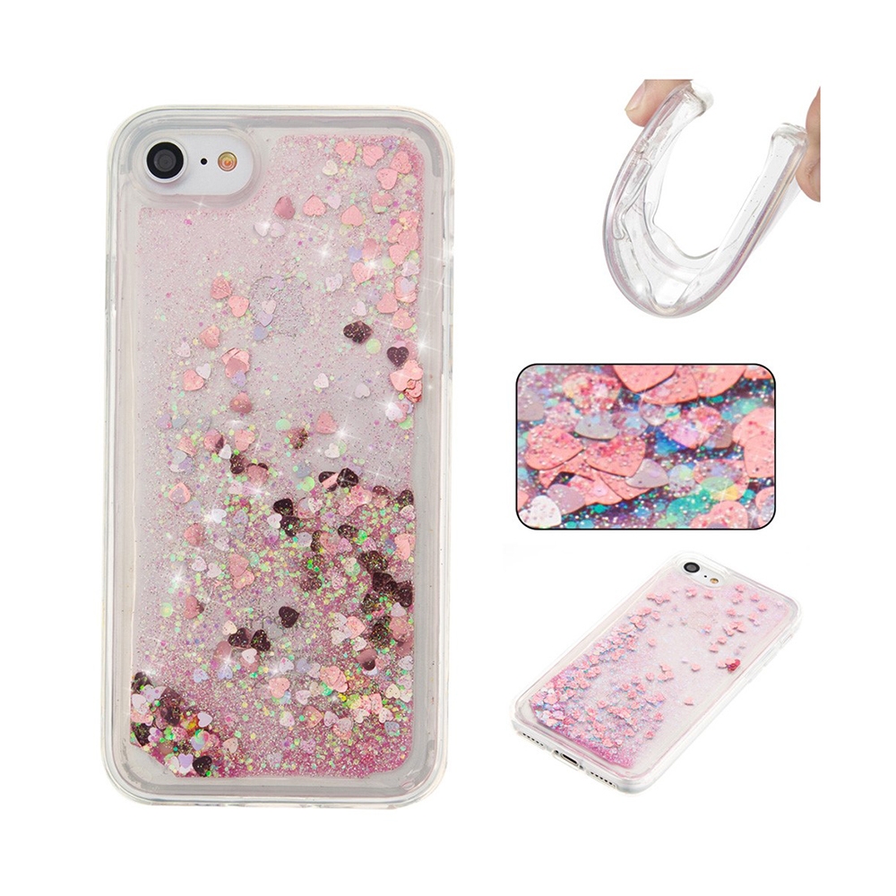 Image of iPhone SE (2022/2020) / 8 / 7 Gummi Hülle Liquid Case Glitzer Herzen - Transparent / Rosa bei Apfelkiste.ch