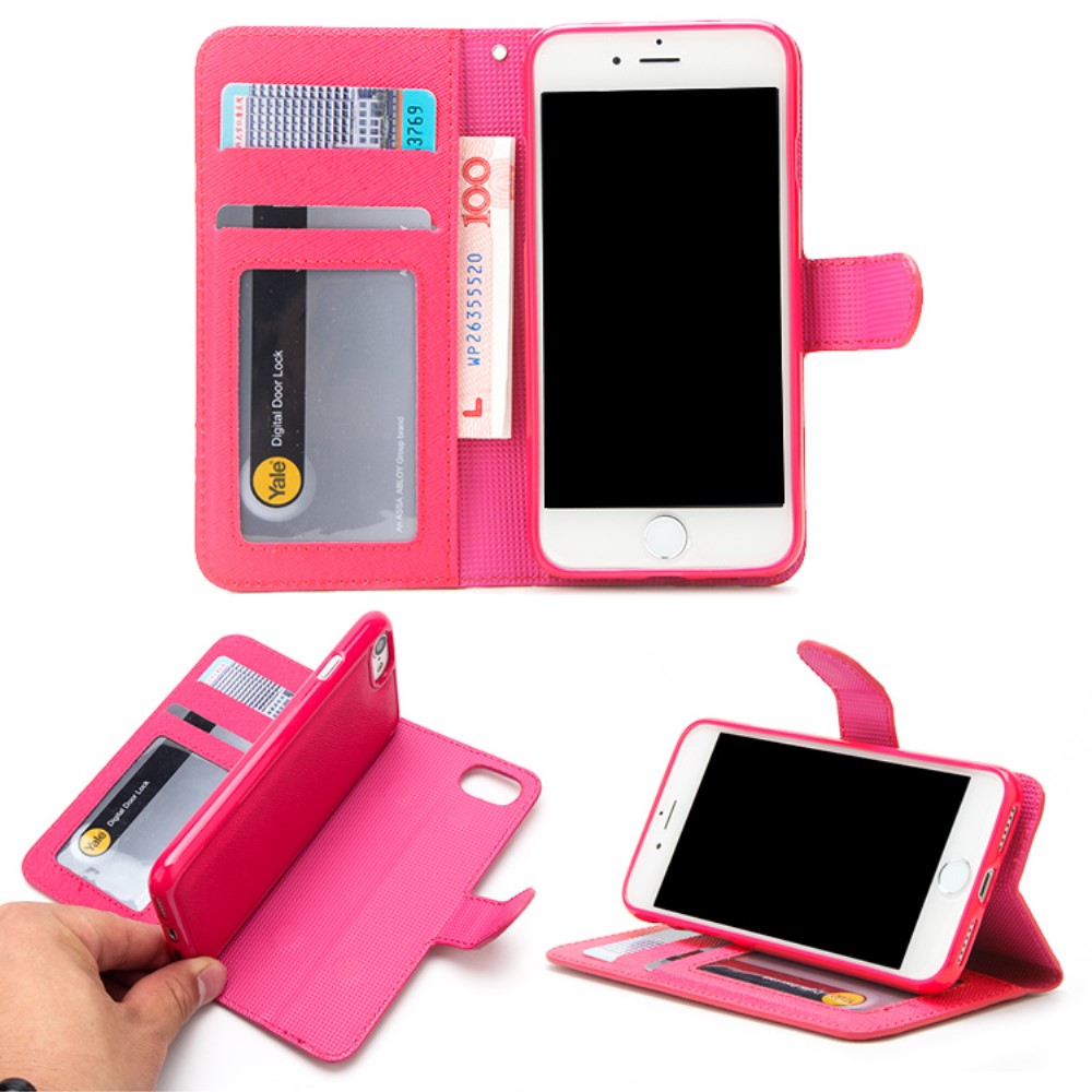 Image of iPhone SE (2022/2020) / 8 / 7 Leder Tasche mit Kartenfächer + Magnetische Schutzhülle - Pink bei Apfelkiste.ch