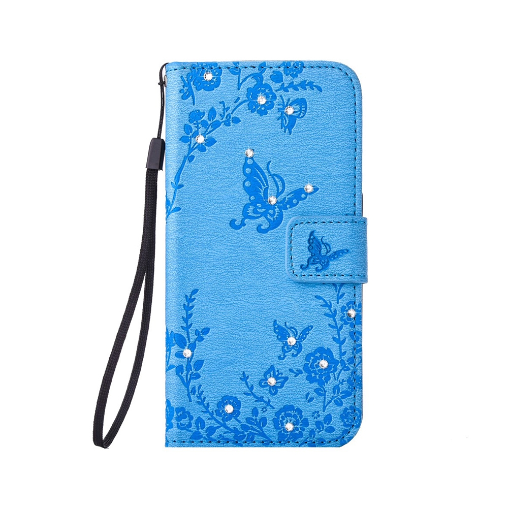 iPhone SE (2020) / 8 / 7 Flipcase Tasche im Glitzer Strassstein Motiv Butterfly Flowers - Blau