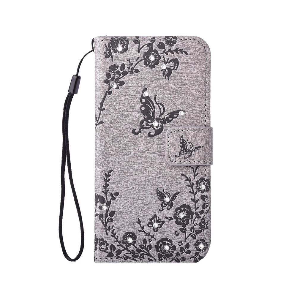 iPhone SE (2020) / 8 / 7 Flipcase Tasche im Glitzer Strassstein Motiv Butterfly Flowers - Grau