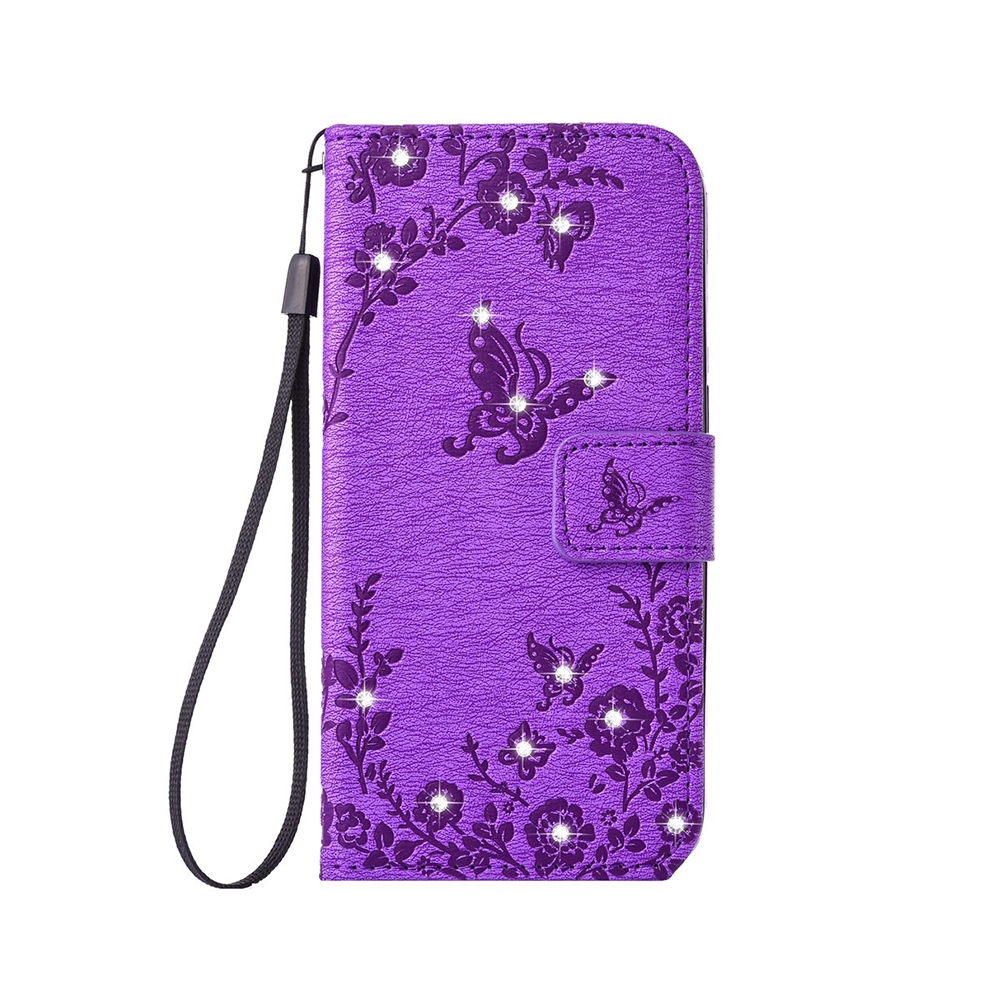 iPhone SE (2020) / 8 / 7 Flipcase Tasche im Glitzer Strassstein Motiv Butterfly Flowers - Lila