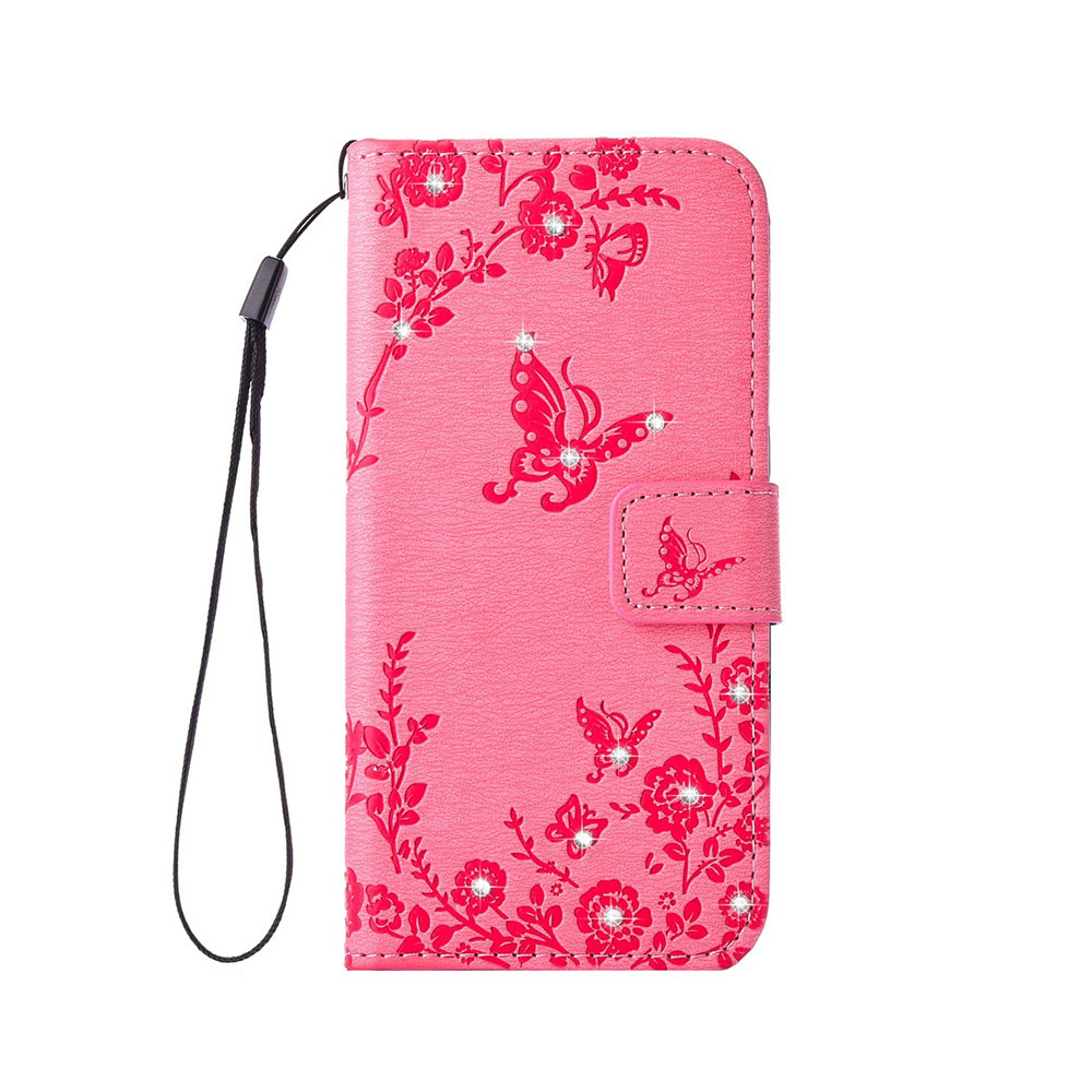 iPhone SE (2020) / 8 / 7 Flipcase Tasche im Glitzer Strassstein Motiv Butterfly Flowers - Rosa