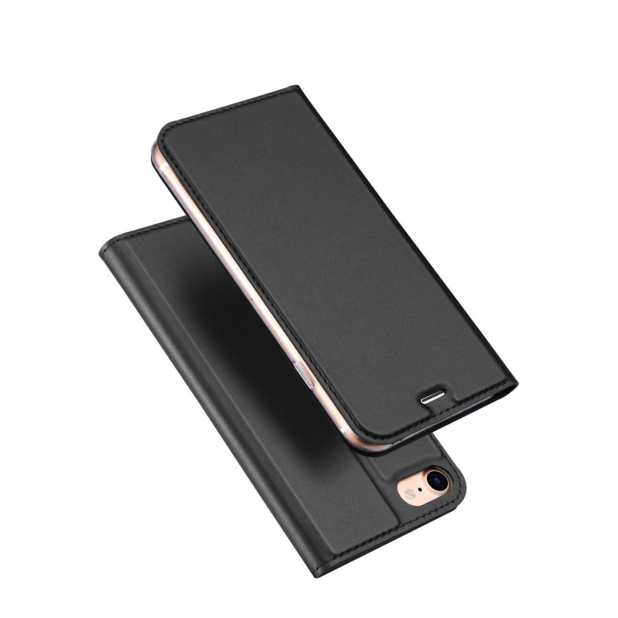 Image of Dux Ducis - iPhone SE (2022/2020) / 8 / 7 Flip Wallet Cover Leder Tasche - Dunkelgrau bei Apfelkiste.ch
