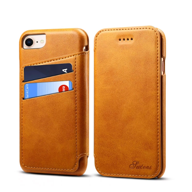 Image of iPhone SE (2022/2020) / 8 / 7 / 6S Leder Tasche Wallet Case (4 Kartenfächer) - Braun bei Apfelkiste.ch