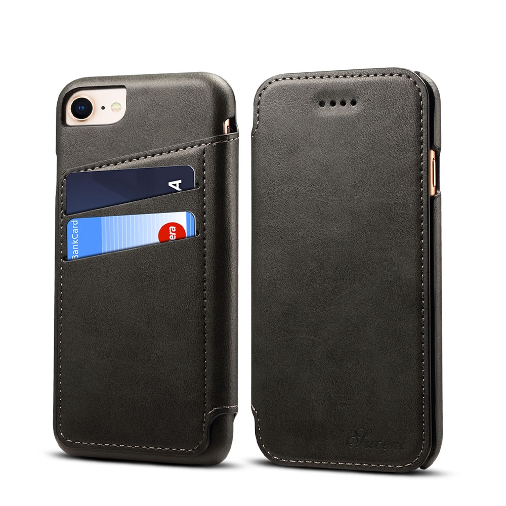 Image of iPhone SE (2022/2020) / 8 / 7 / 6S Leder Tasche Wallet Case (4 Kartenfächer) - Schwarz bei Apfelkiste.ch