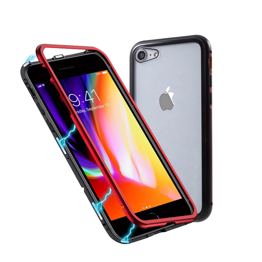 Image of iPhone SE (2022/2020) / 8 / 7 Magnetische Alu Schutzhülle mit Panzer Glas Backcover (Magnet-Technologie) - Schwarz / Rot bei Apfelkiste.ch