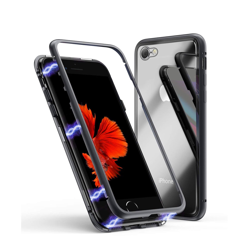 Image of iPhone SE (2022/2020) / 8 / 7 Magnetische Alu Schutzhülle mit Panzer Glas Backcover (Magnet-Technologie) - Schwarz bei Apfelkiste.ch