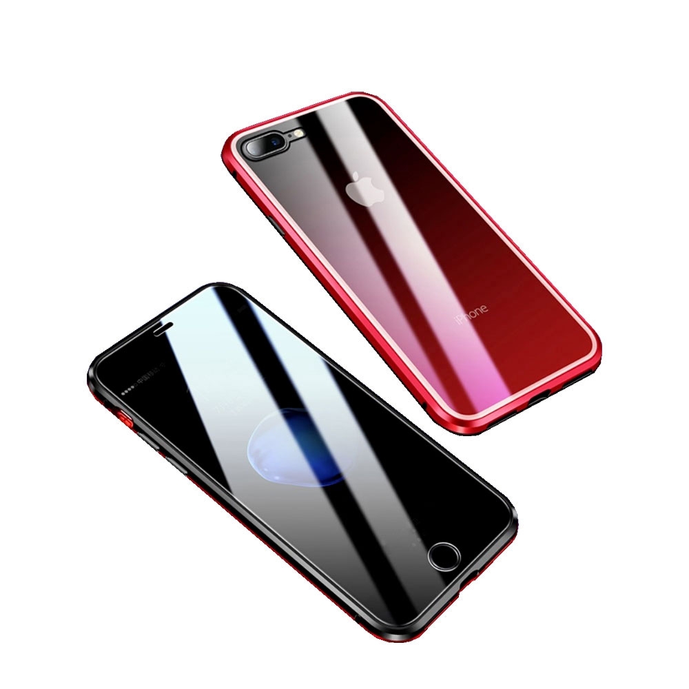 Image of iPhone 8 Plus / 7 Plus Magnetische Alu Schutzhülle mit Panzer Glas Backcover + Privacy Displayschutz (Magnet-Technologie) - Schwarz / Rot bei Apfelkiste.ch