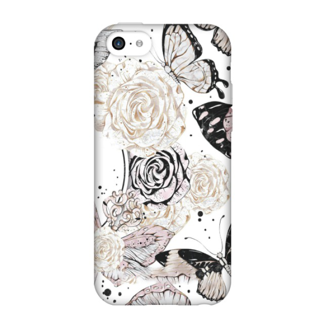 iPhone SE (2016) / 5 / 5S Hardcase Schutzhülle Blumen Schmetterling - Weiss / Rosa