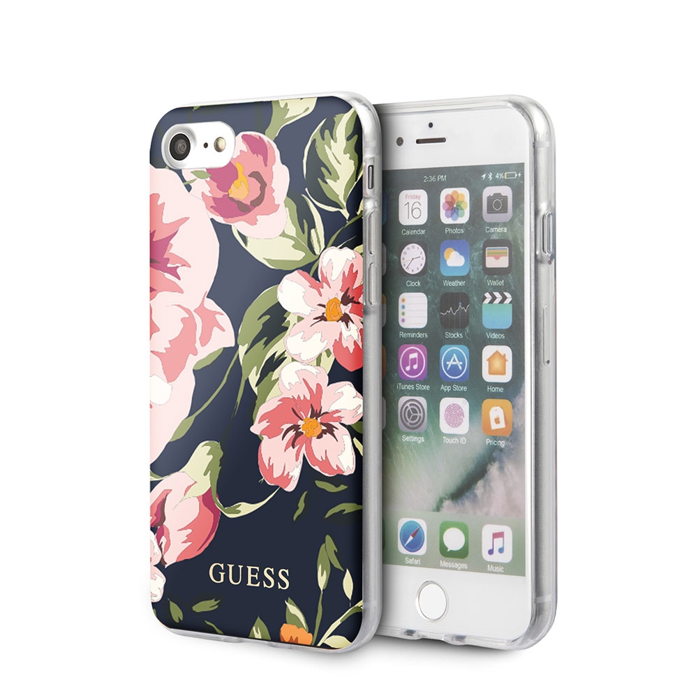 Image of Guess - iPhone SE (2022/2020) / 8 / 7 / 6S Hardcase Hülle Shiny Pattern Flower (GUHCI8PCUTRFL03) - Dunkelblau bei Apfelkiste.ch