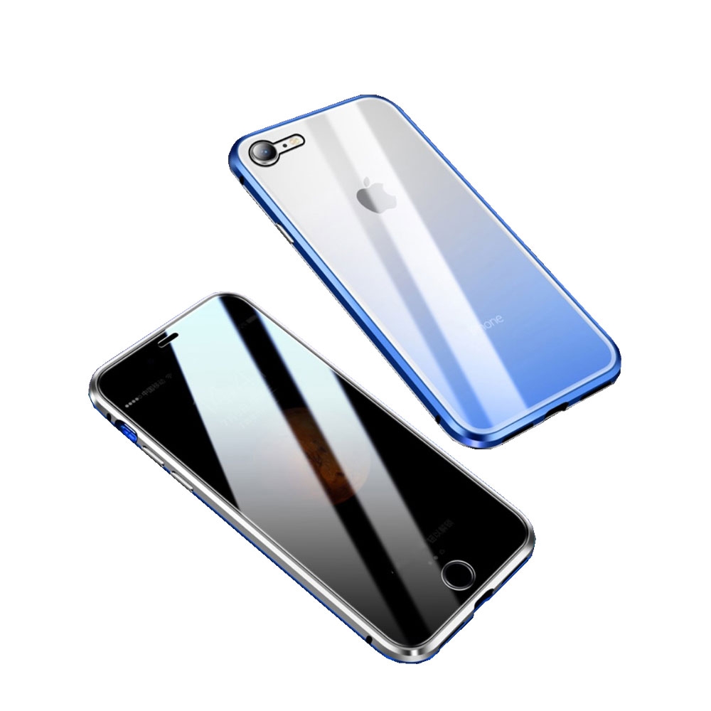 Image of iPhone SE (2022/2020) / 8 / 7 Magnetische Alu Schutzhülle mit Panzer Glas Backcover + Privacy Displayschutz (Magnet-Technologie) - Silber / Blau bei Apfelkiste.ch