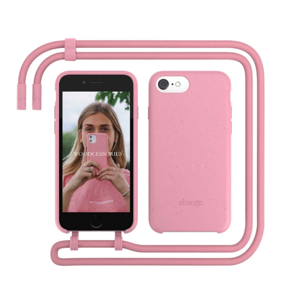 Image of Woodcessories - iPhone SE (2022/2020) / 8 / 7 / 6S Change Necklace BioCase Antimikrobielle Hülle Vegan Abbaubar + Handykette (CHA004) - Coral Pink bei Apfelkiste.ch