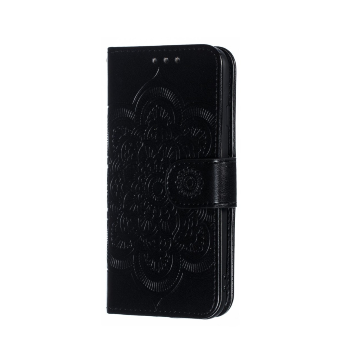 Image of iPhone SE (2022/2020) / 8 / 7 Leder Tasche Wallet - Mandala Flowers in Schwarz bei Apfelkiste.ch