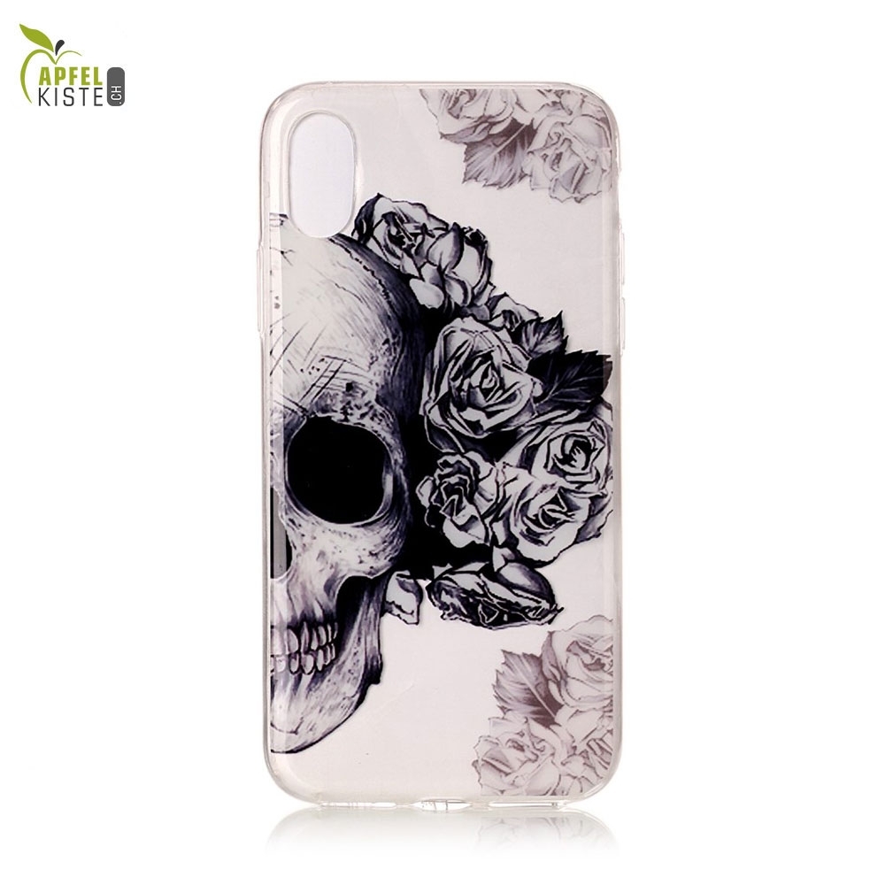 © - iPhone Xs / X Gummi Case Hülle Ultra Thin Totenkopf mit Rosen - Transparent
