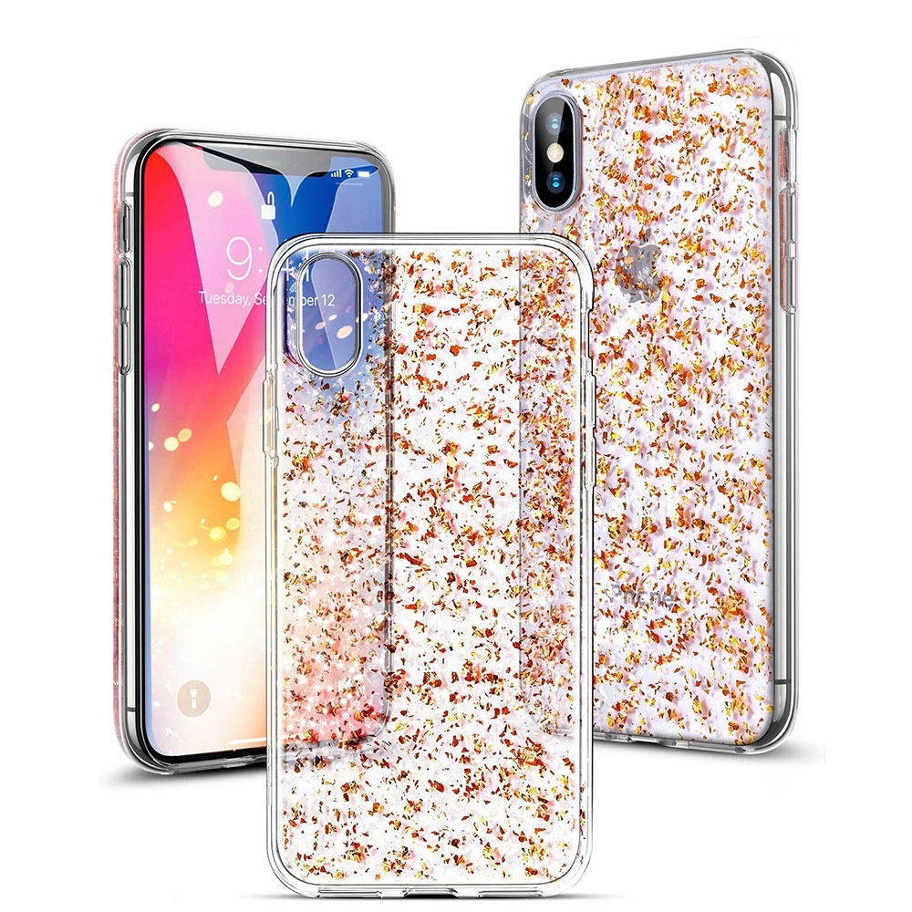 iPhone Xs / X Gummi Hülle Glitzer Blattgold Optik - Transparent / Gold