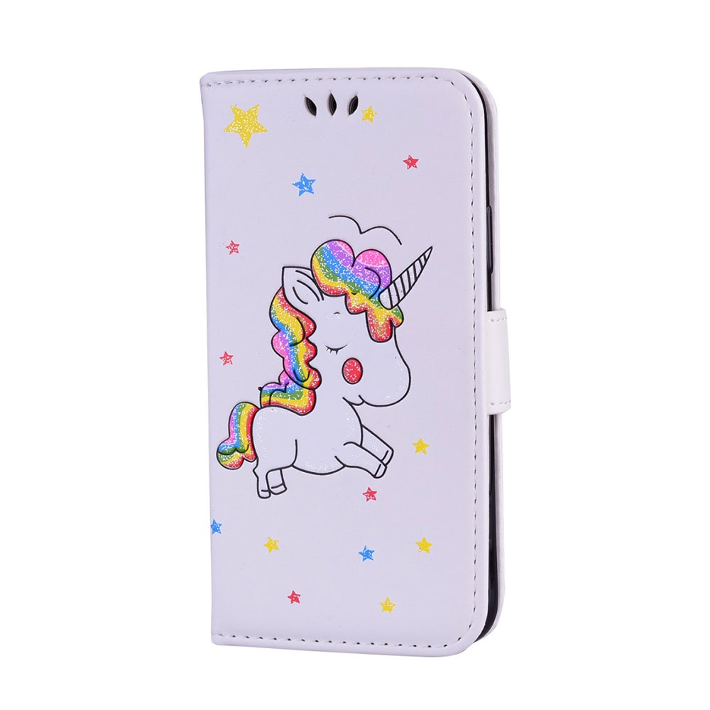 iPhone Xs / X Leder Tasche Portemonnaie mit Kartenfächern - Glitzer Einhorn