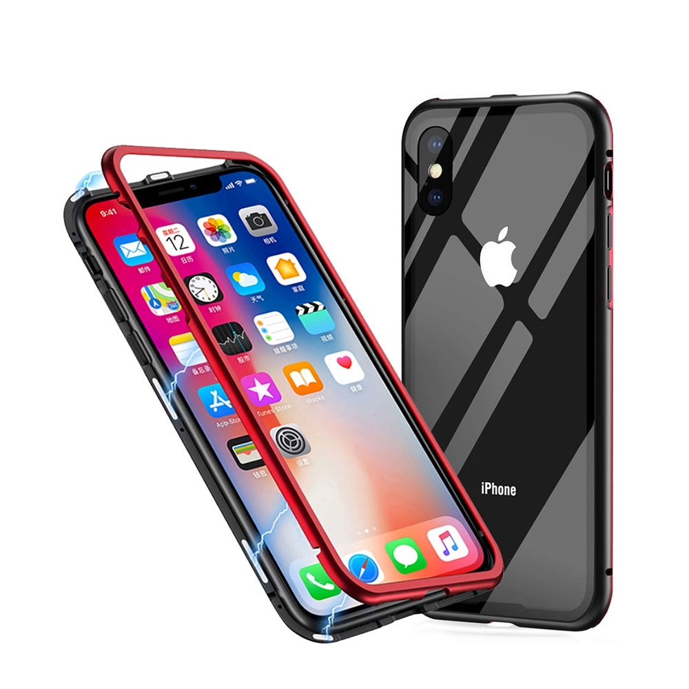 Image of iPhone Xs / X Magnetische Alu Schutzhülle mit Panzer Glas Backcover (Magnet-Technologie) - Schwarz / Rot bei Apfelkiste.ch