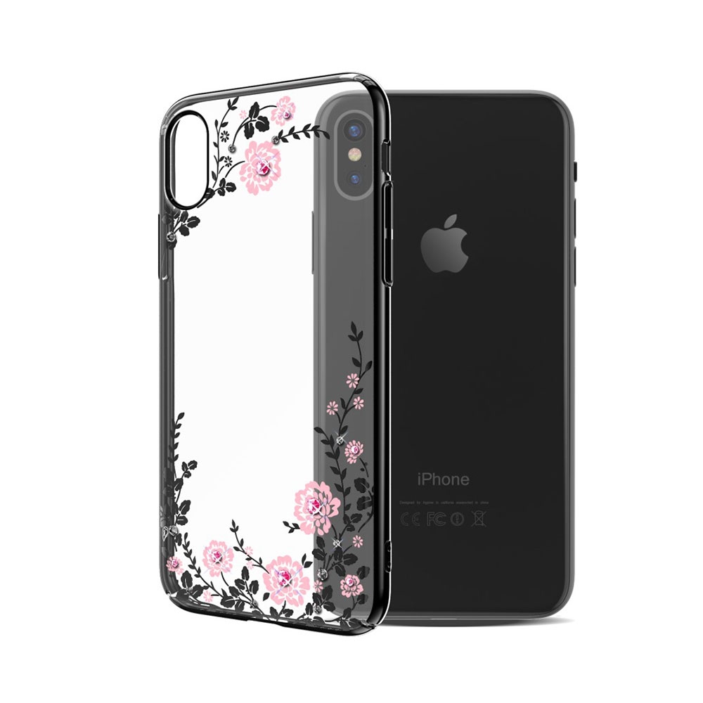iPhone Xs / X Schutzhülle im Glitzer Blumen Design Ultra Thin (Swarovski Elements) - Schwarz / Transparent