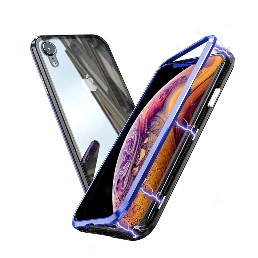 Image of iPhone Xr Magnetische Alu Schutzhülle mit Panzer Glas Backcover (Magnet-Technologie) - Blau / Schwarz bei Apfelkiste.ch