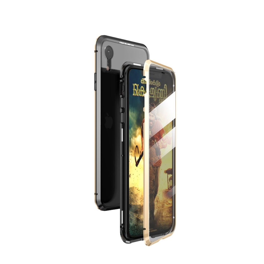 iPhone Xr Magnetische Alu Schutzhülle mit Panzer Glas Backcover + Displayschutz (Magnet-Technologie) - Gold / Schwarz