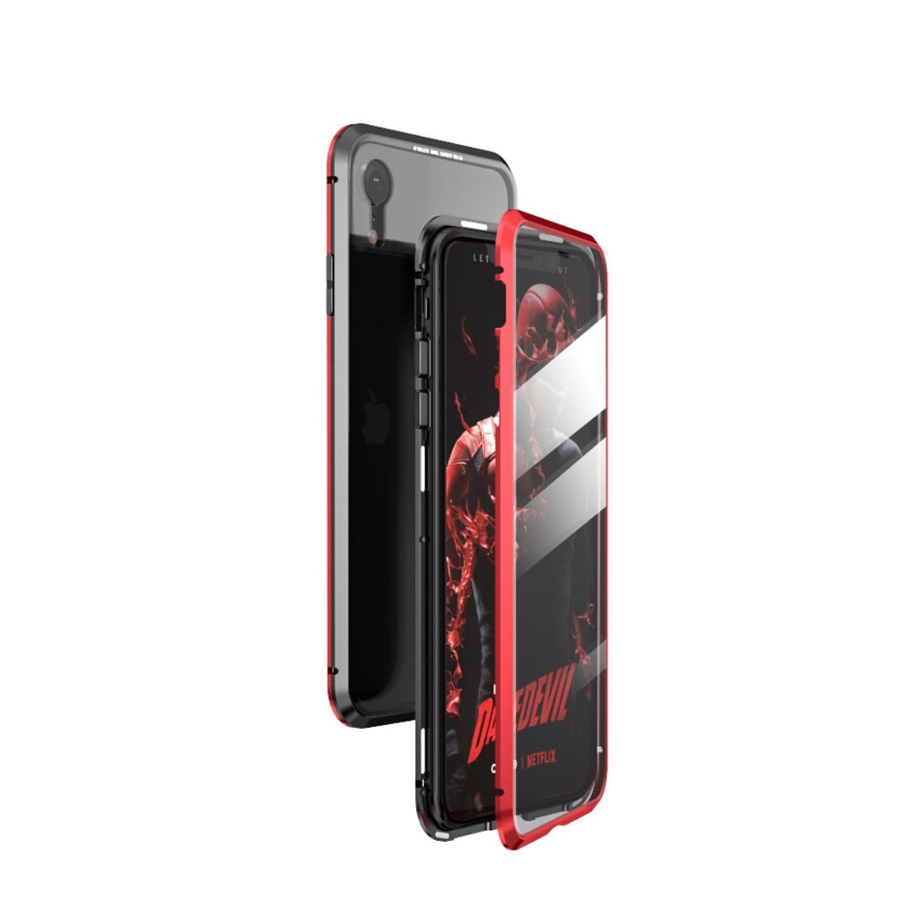 Image of iPhone Xr Magnetische Alu Schutzhülle mit Panzer Glas Backcover + Displayschutz (Magnet-Technologie) - Rot / Schwarz bei Apfelkiste.ch