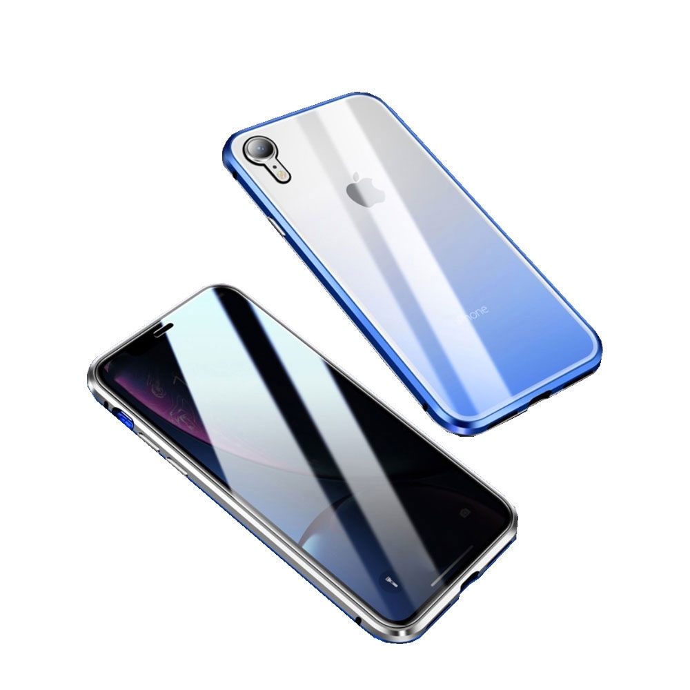 Image of iPhone Xr Magnetische Alu Schutzhülle mit Panzer Glas Backcover + Privacy Displayschutz (Magnet-Technologie) - Blau / Silber bei Apfelkiste.ch