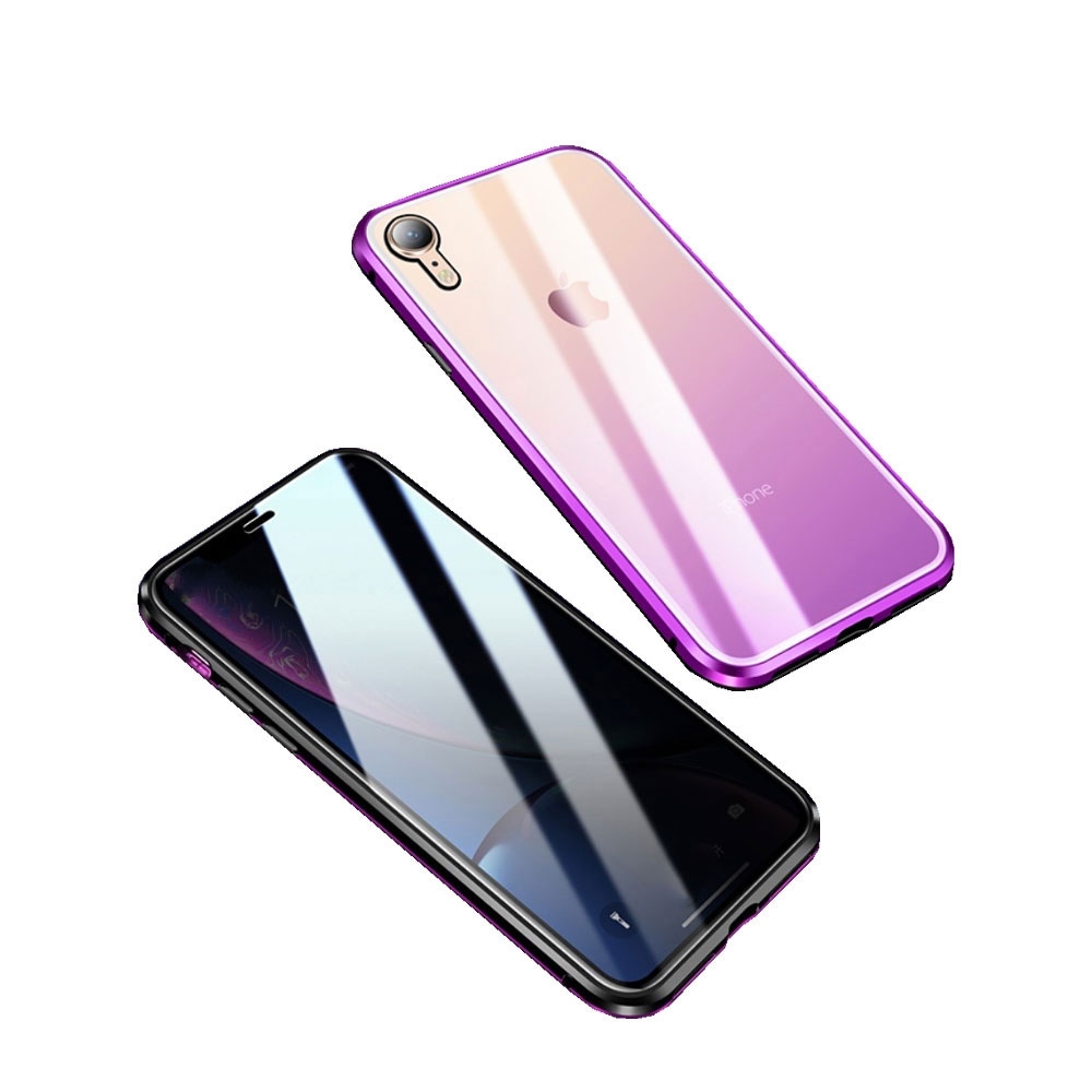 Image of iPhone Xr Magnetische Alu Schutzhülle mit Panzer Glas Backcover + Privacy Displayschutz (Magnet-Technologie) - Schwarz / Violett bei Apfelkiste.ch