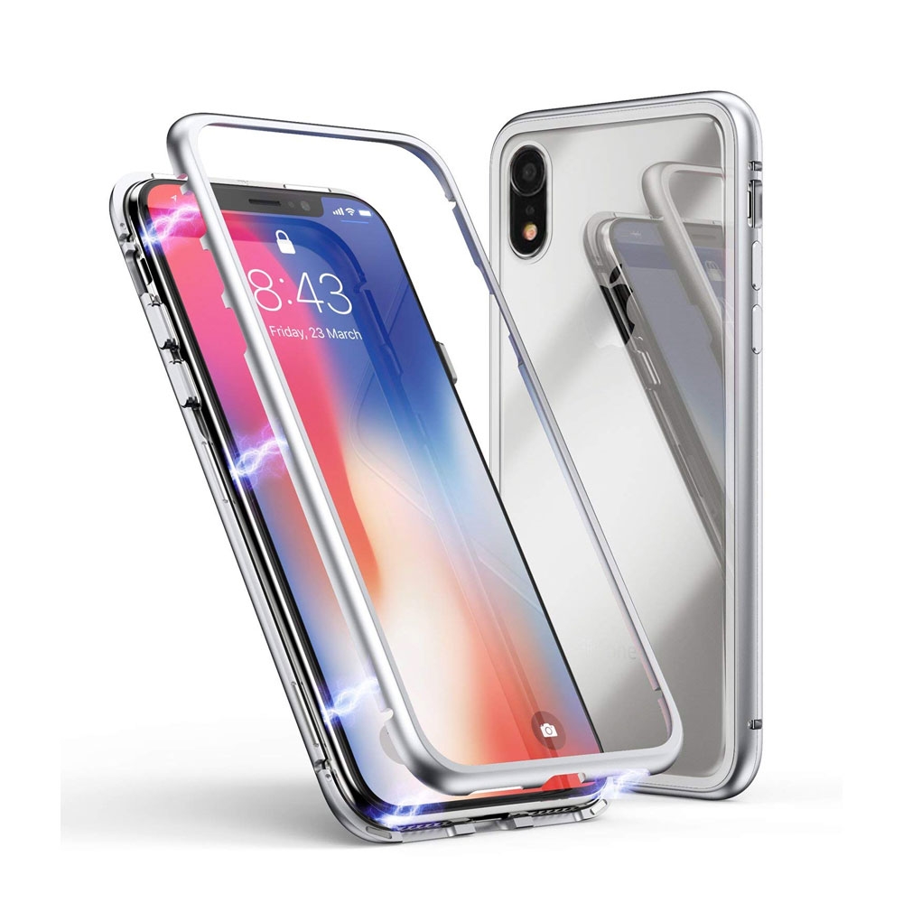 Image of iPhone Xr Magnetische Alu Schutzhülle mit Panzer Glas Backcover (Magnet-Technologie) - Silber bei Apfelkiste.ch