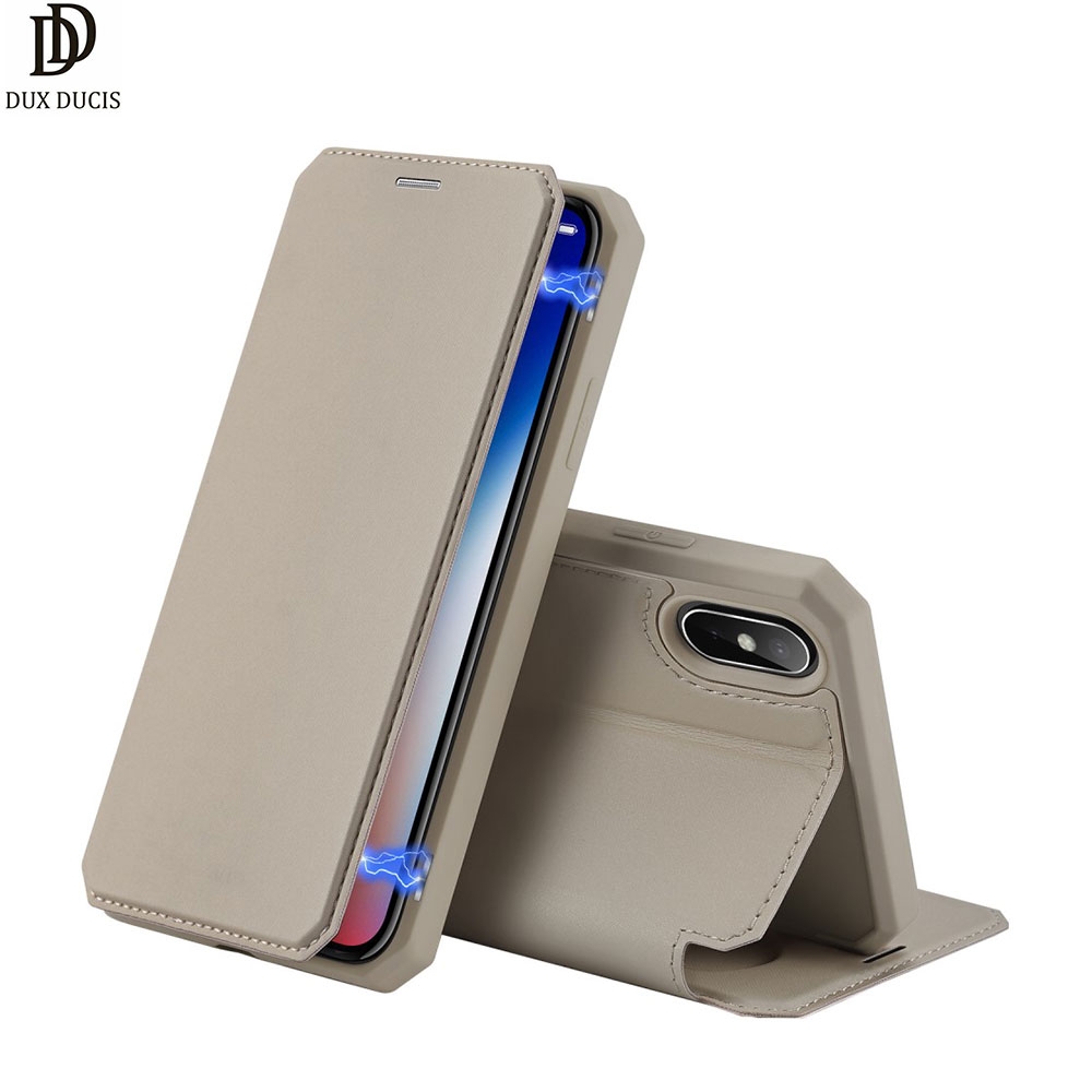 iPhone Xs / X Magnet Flip Wallet Cover Leder Tasche - Braun / Grau