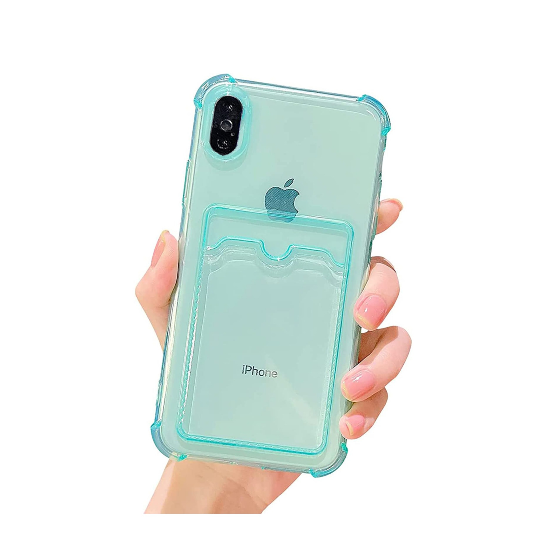 Image of iPhone Xs / X Gummi Case Hülle mit Kartenfach + Air Cushion Fallschutz - Grün / Transparent bei Apfelkiste.ch