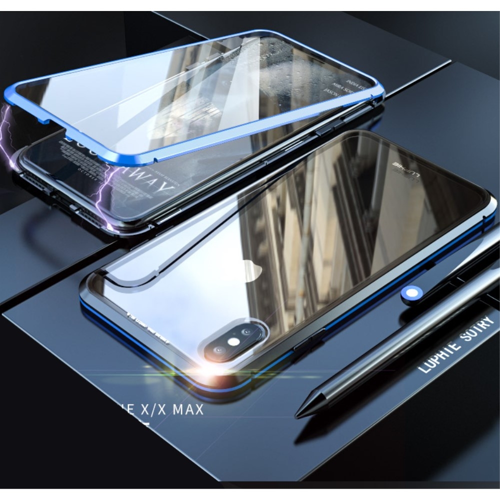 Image of iPhone Xs / X Magnetische Alu Schutzhülle mit Panzer Glas Backcover + Displayschutz (Magnet-Technologie) - Blau / Schwarz bei Apfelkiste.ch