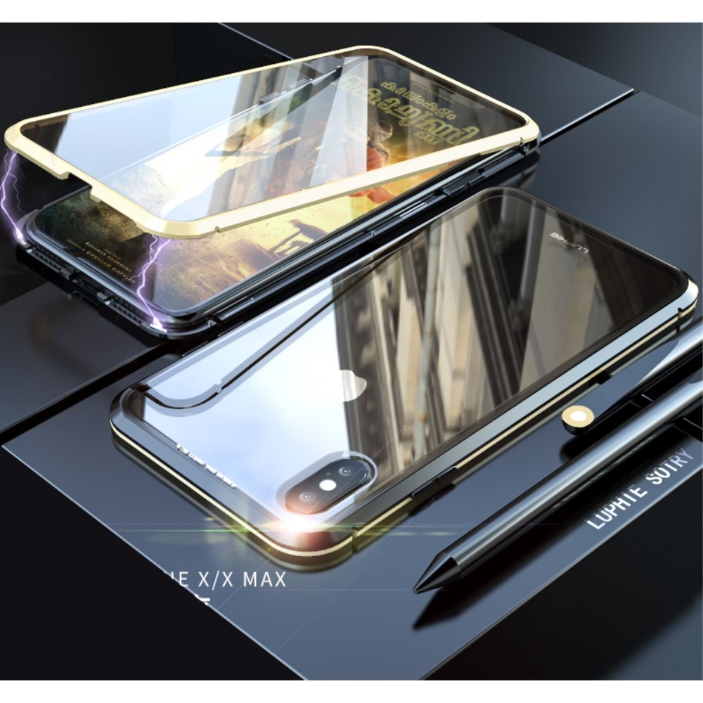 Image of iPhone Xs / X Magnetische Alu Schutzhülle mit Panzer Glas Backcover + Displayschutz (Magnet-Technologie) - Gold / Schwarz bei Apfelkiste.ch