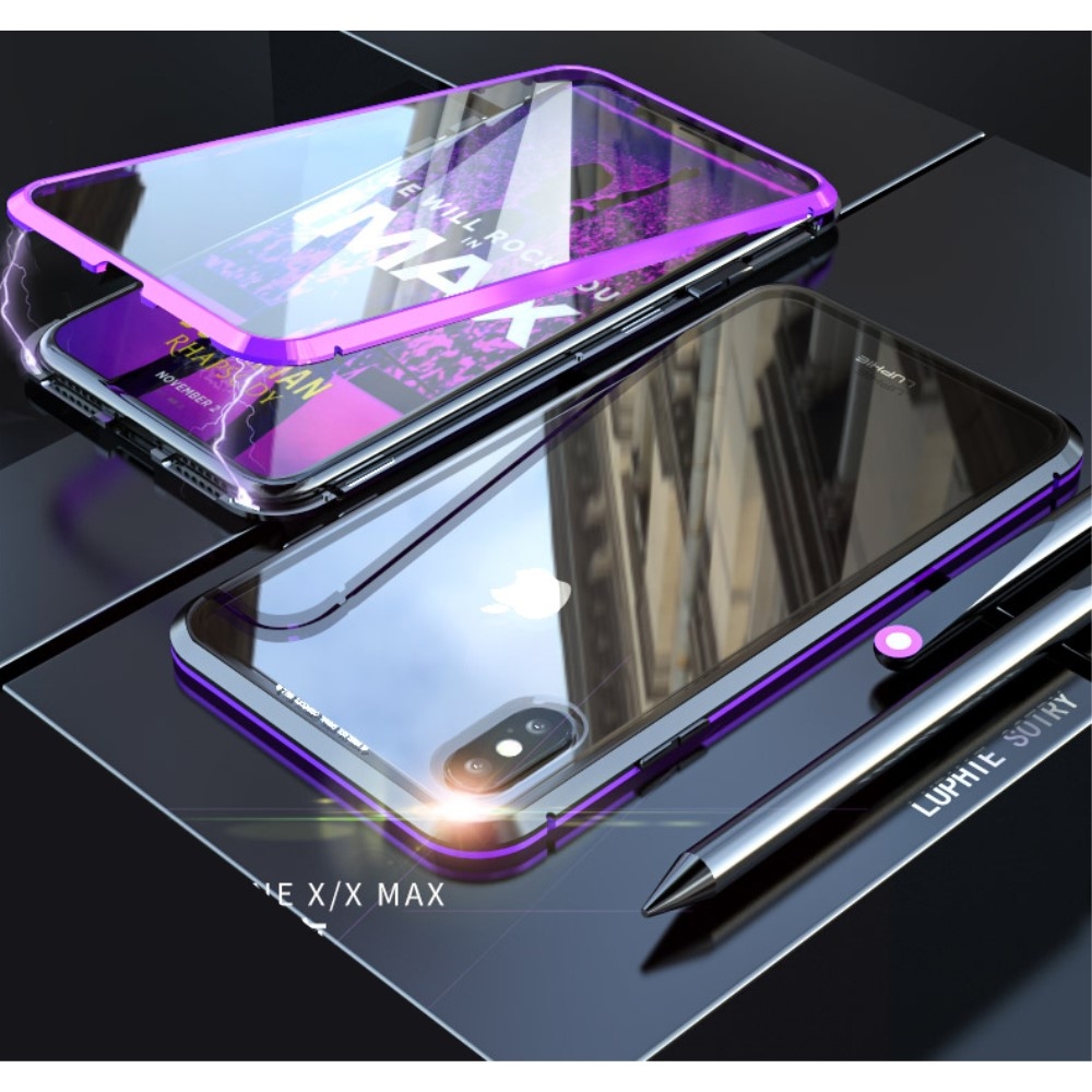 Image of iPhone Xs / X Magnetische Alu Schutzhülle mit Panzer Glas Backcover + Displayschutz (Magnet-Technologie) - Lila / Schwarz bei Apfelkiste.ch
